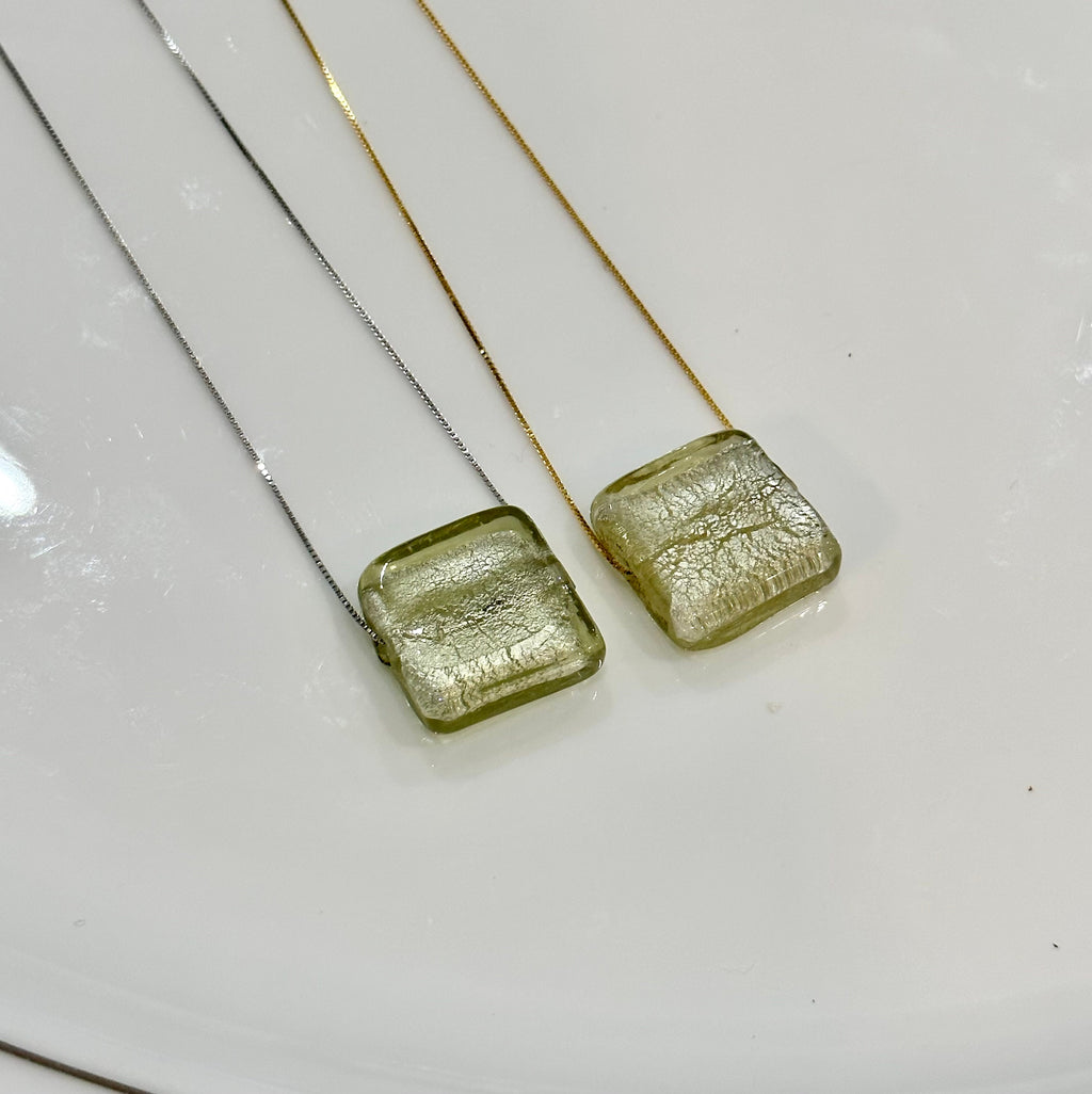 Handmade Iced Golden Green Murano Glass on Sterling Chain
