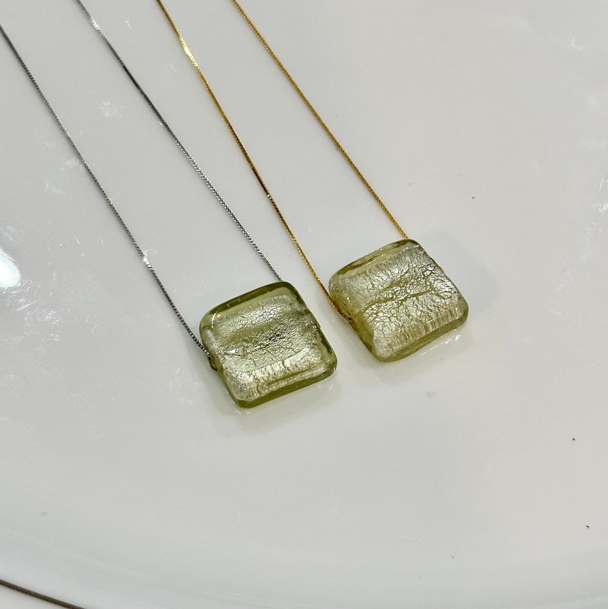Handmade Iced Golden Green Murano Glass on Sterling Chain