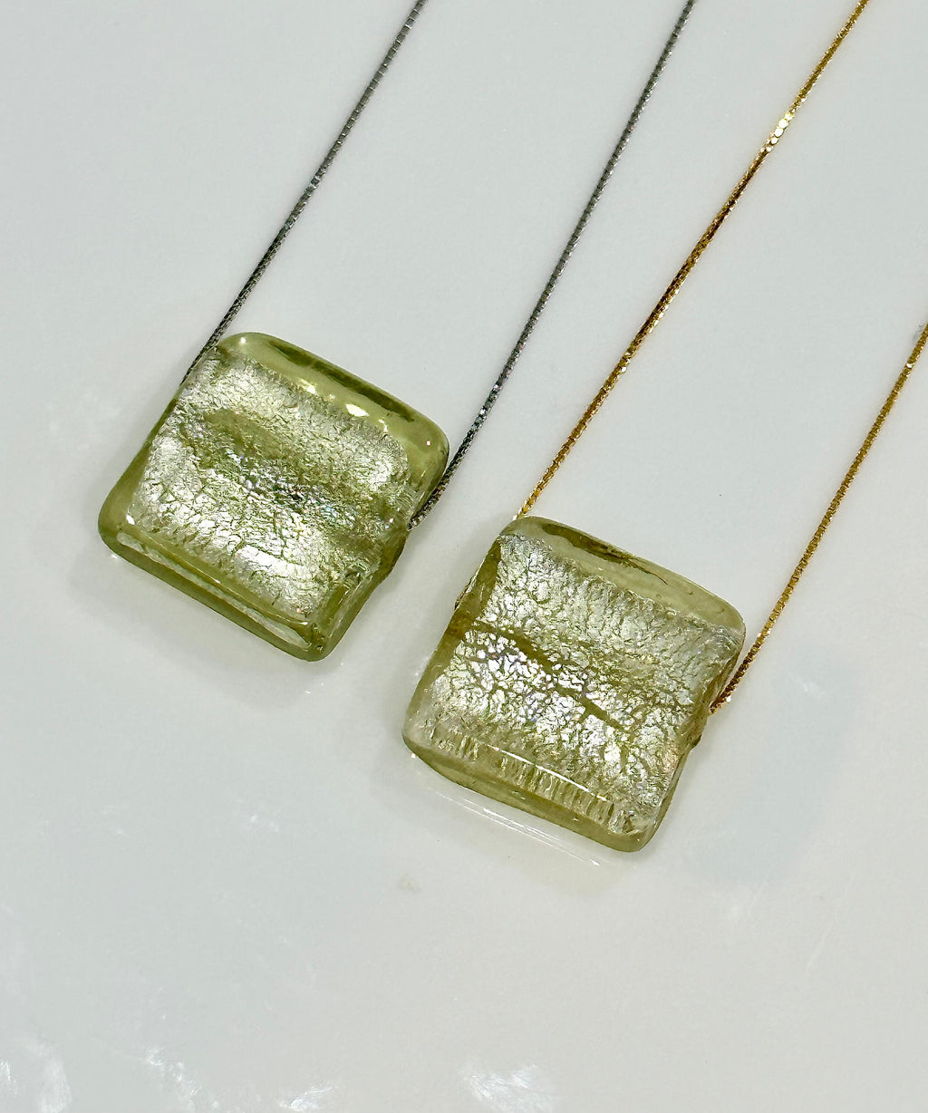 Handmade Iced Golden Green Murano Glass on Sterling Chain