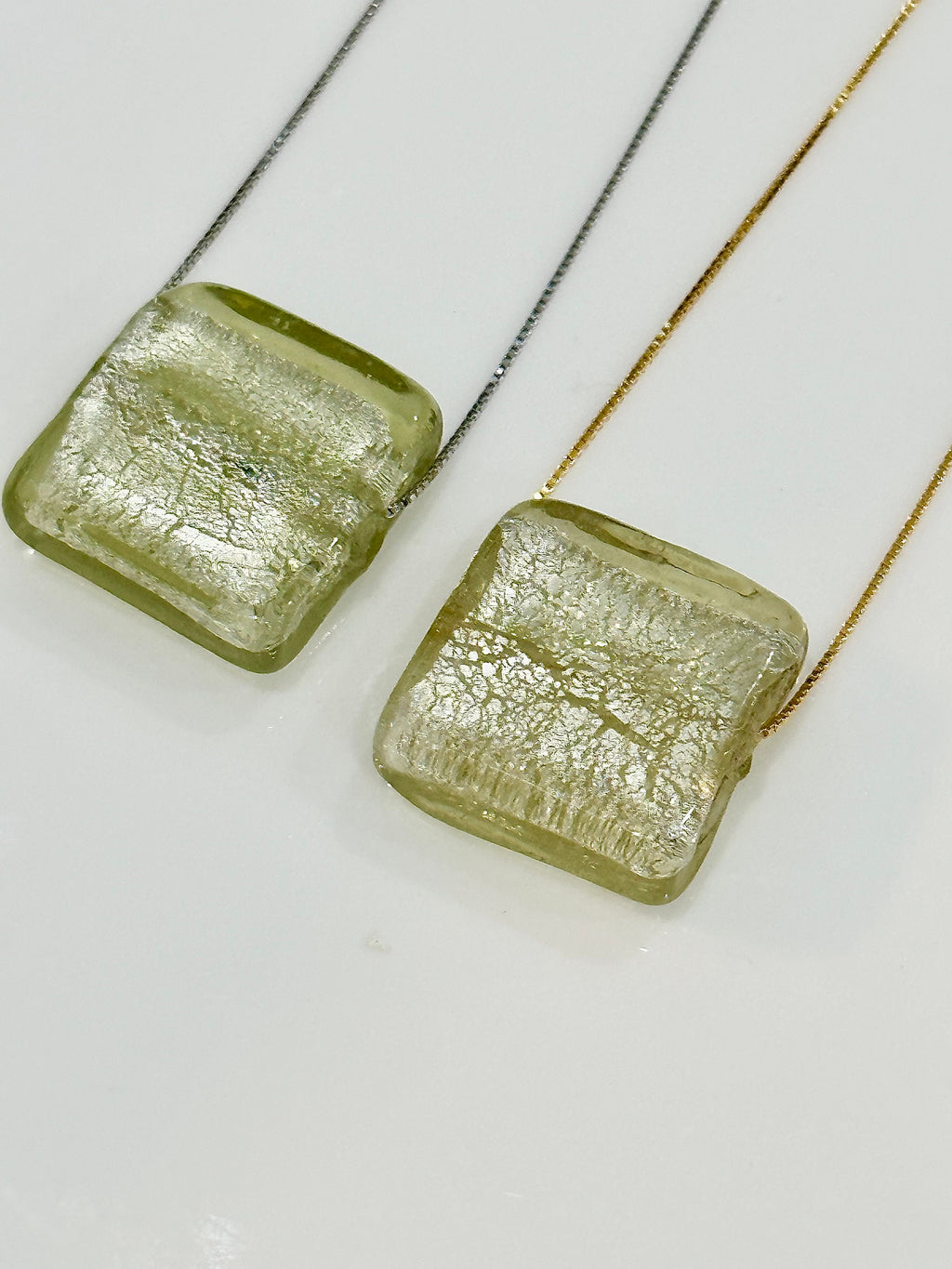 Handmade Iced Golden Green Murano Glass on Sterling Chain