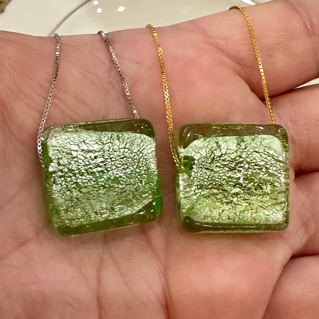 Handmade Iced Golden Green Murano Glass on Sterling Chain