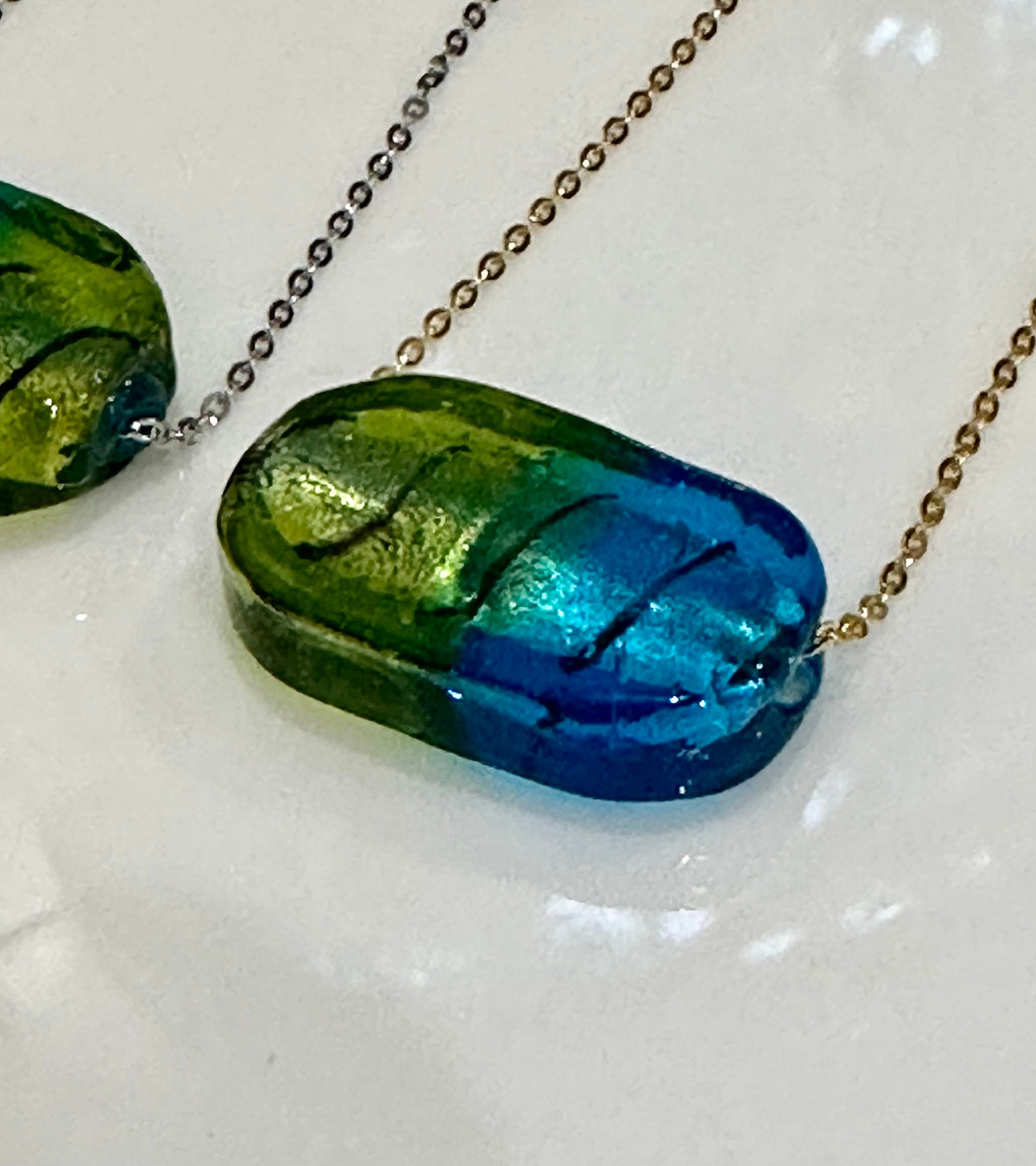 Deep Sea Blue and Green Oval Lampwork Murano Glass Pendant on Sterling Chain