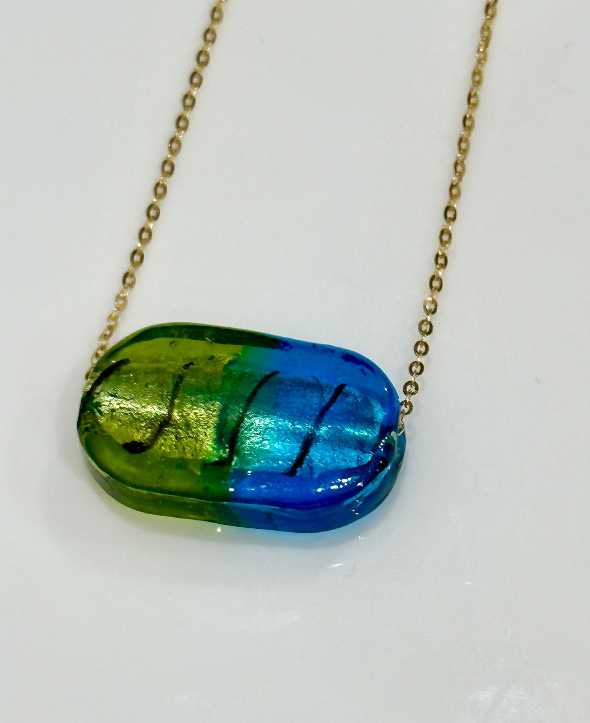 Deep Sea Blue and Green Oval Lampwork Murano Glass Pendant on Sterling Chain