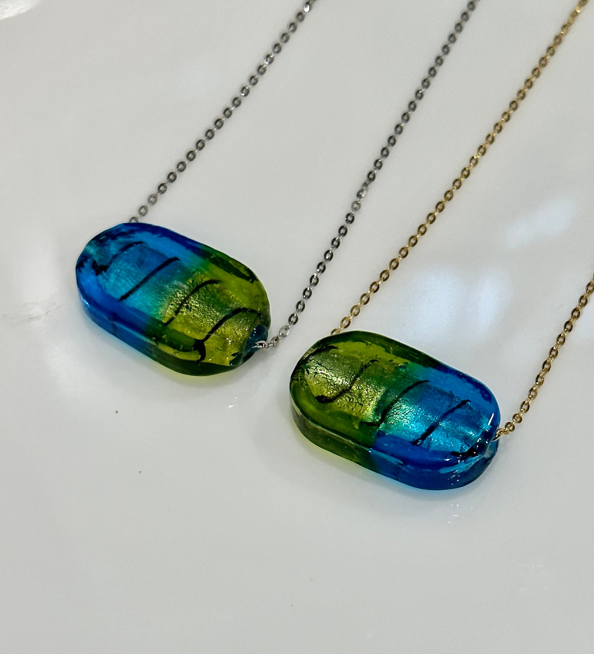 Deep Sea Blue and Green Oval Lampwork Murano Glass Pendant on Sterling Chain