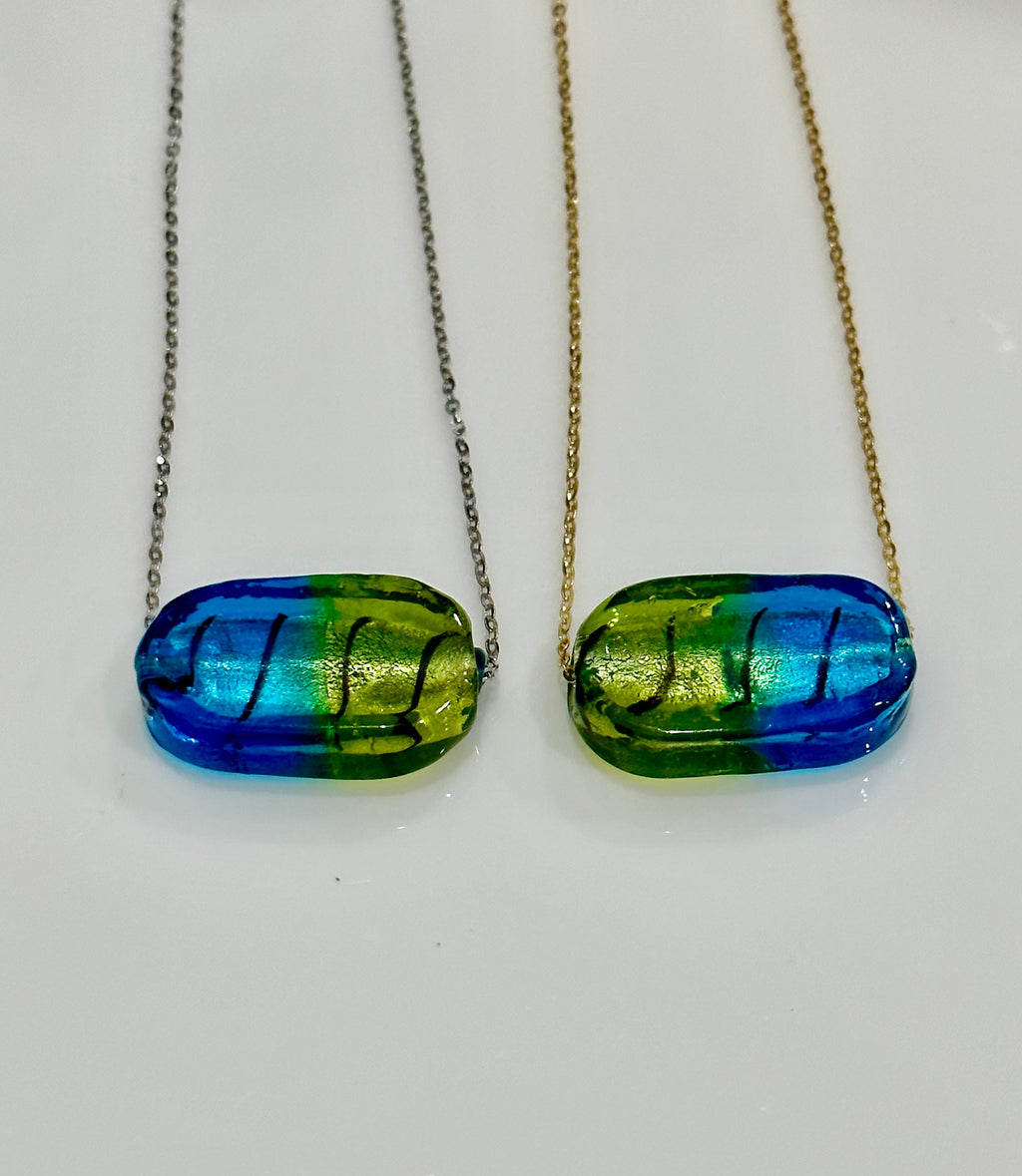 Deep Sea Blue and Green Oval Lampwork Murano Glass Pendant on Sterling Chain