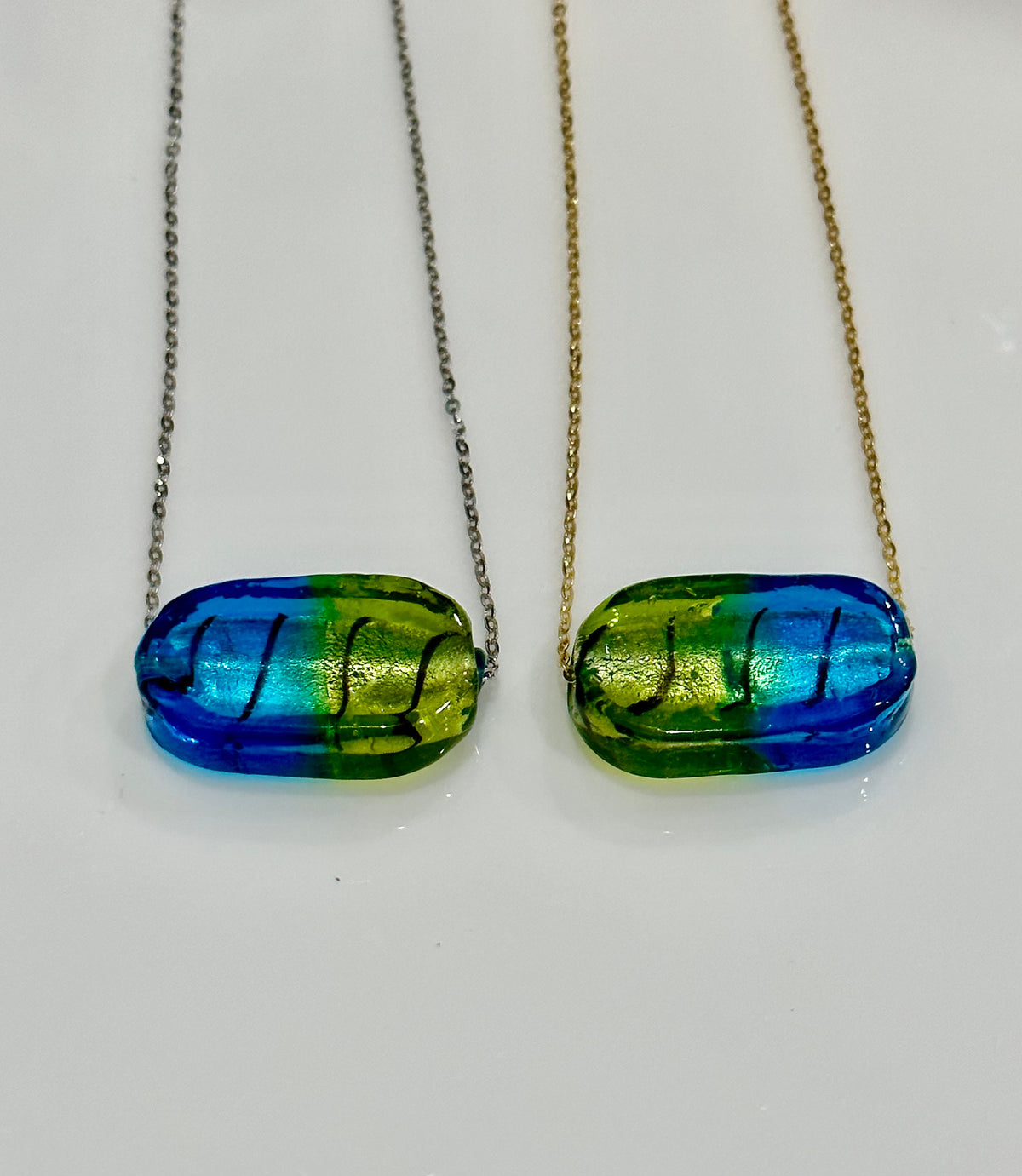 Deep Sea Blue and Green Oval Lampwork Murano Glass Pendant on Sterling Chain