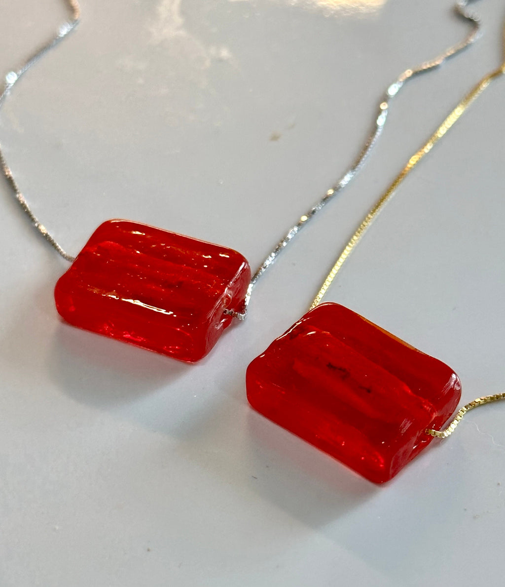 Candy Apple Red Murano Glass Strung on 925 Sterling Adjustable Chain