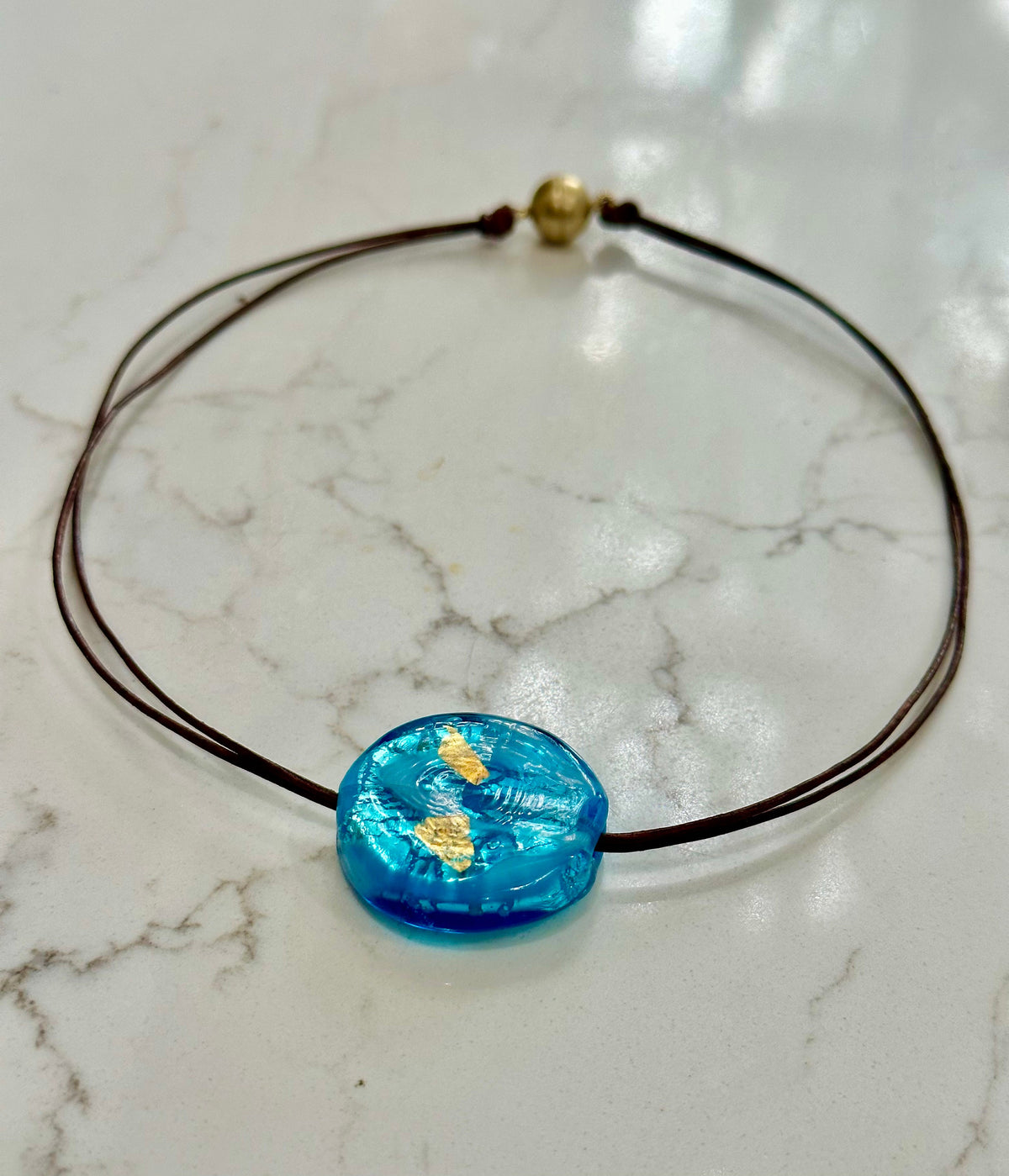 Handmade Large Turquoise and Gold Murano Glass on Sterling Chain