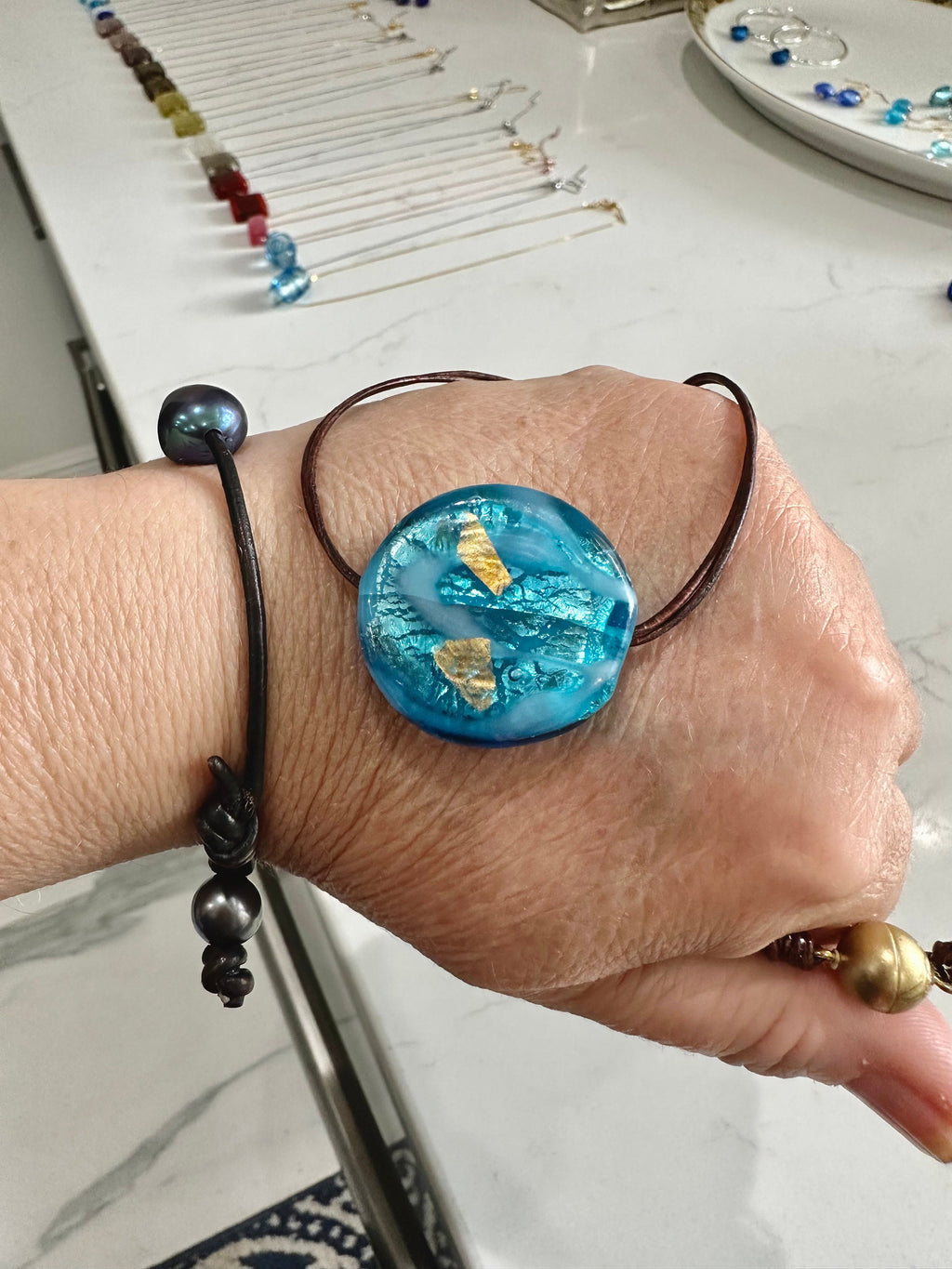 Handmade Large Turquoise and Gold Murano Glass on Sterling Chain