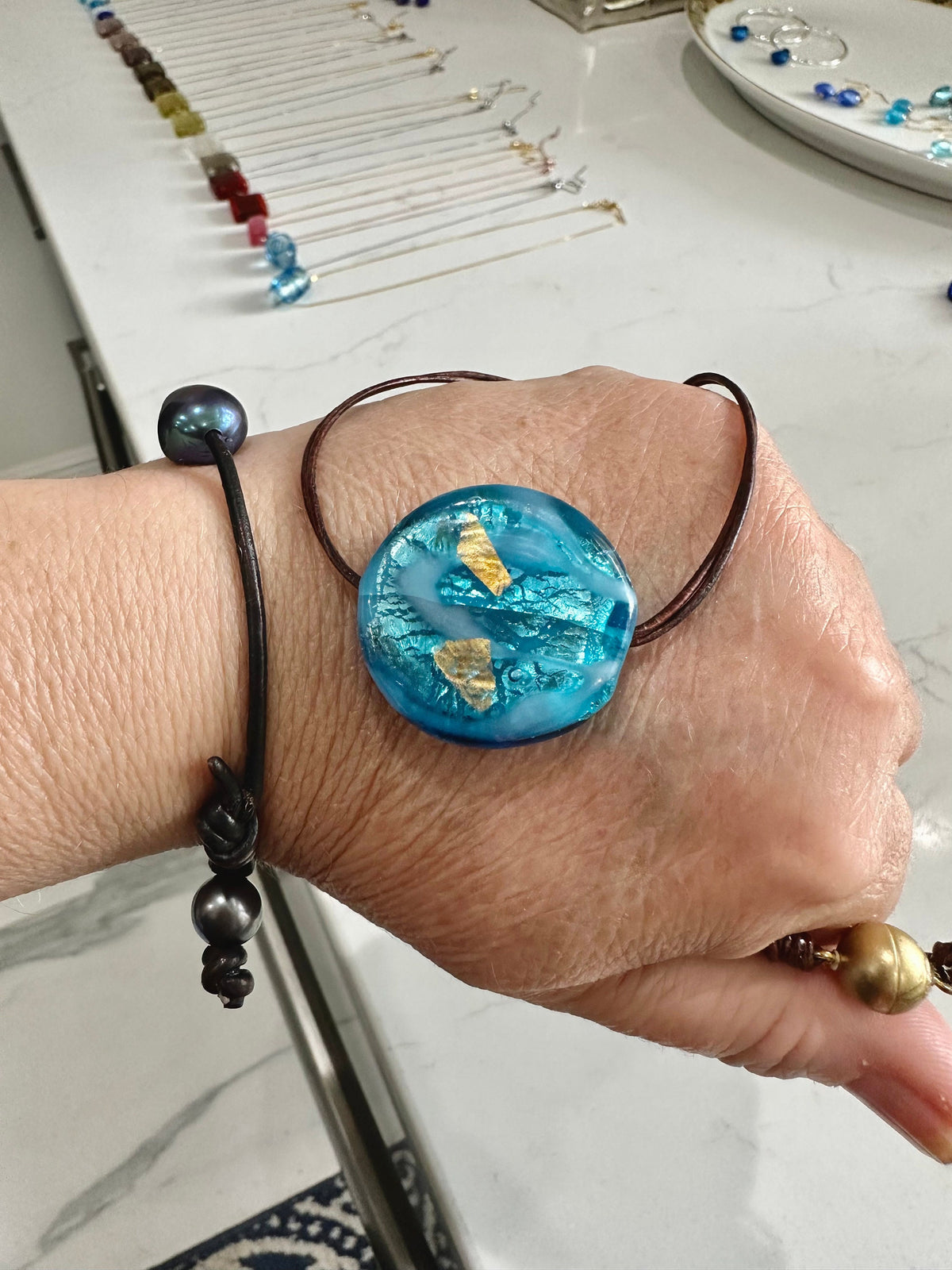 Handmade Large Turquoise and Gold Murano Glass on Sterling Chain