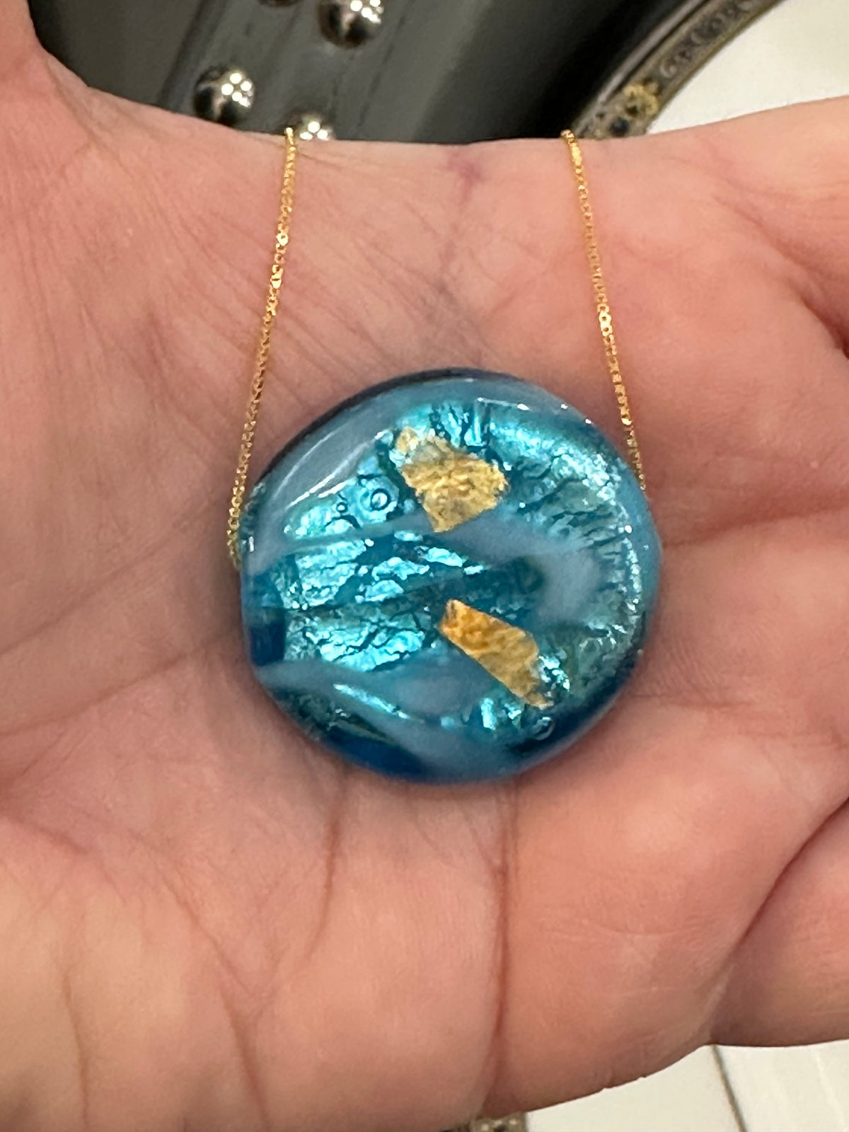 Handmade Large Turquoise and Gold Murano Glass on Sterling Chain