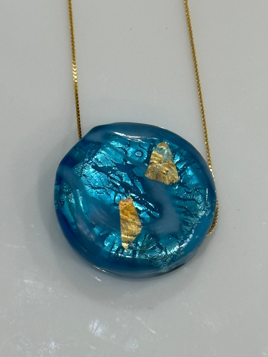 Handmade Large Turquoise and Gold Murano Glass on Sterling Chain