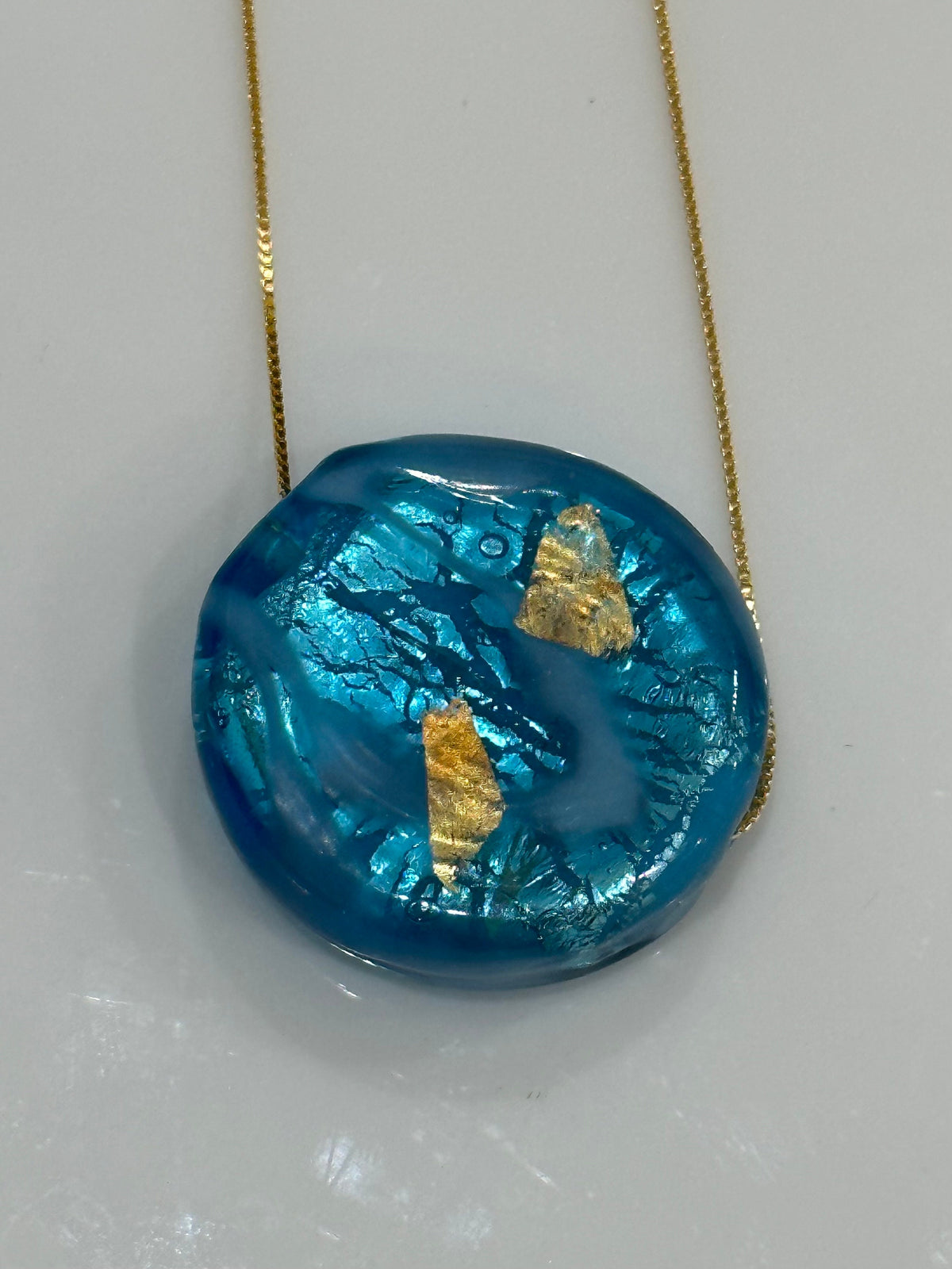 Handmade Large Turquoise and Gold Murano Glass on Sterling Chain