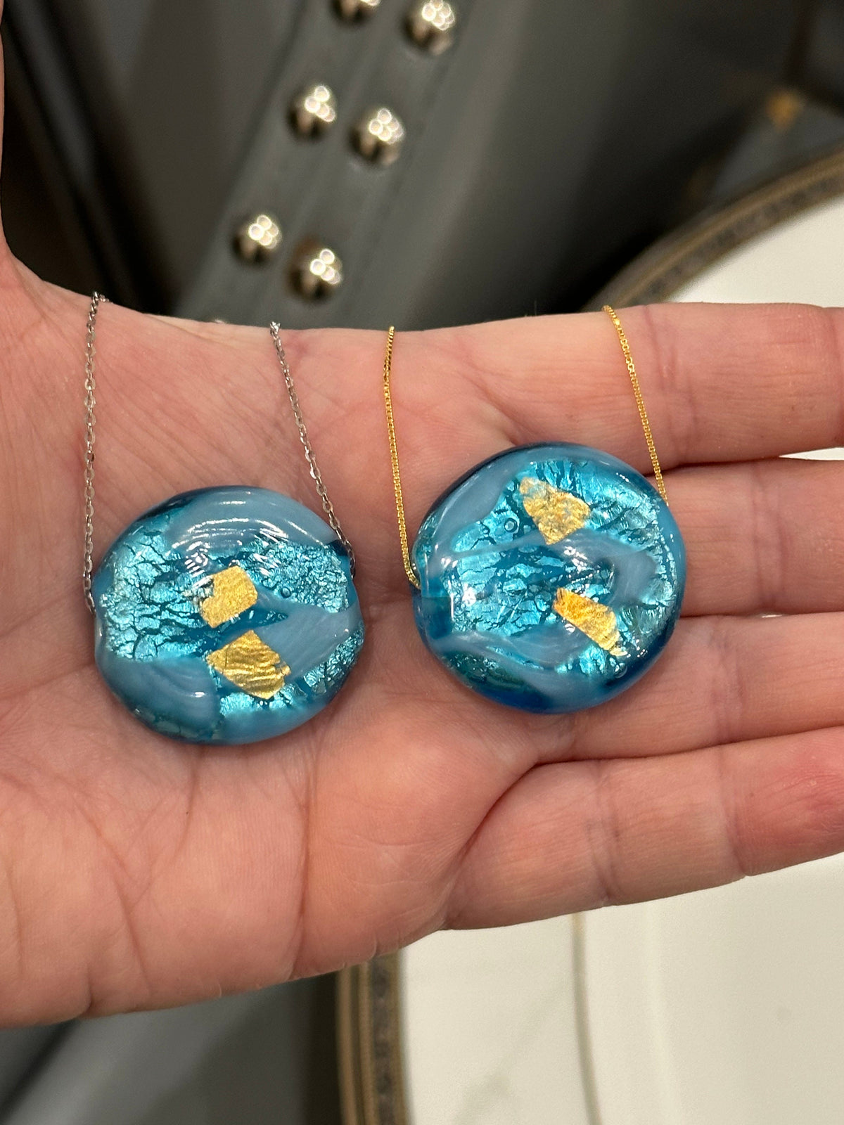 Handmade Large Turquoise and Gold Murano Glass on Sterling Chain
