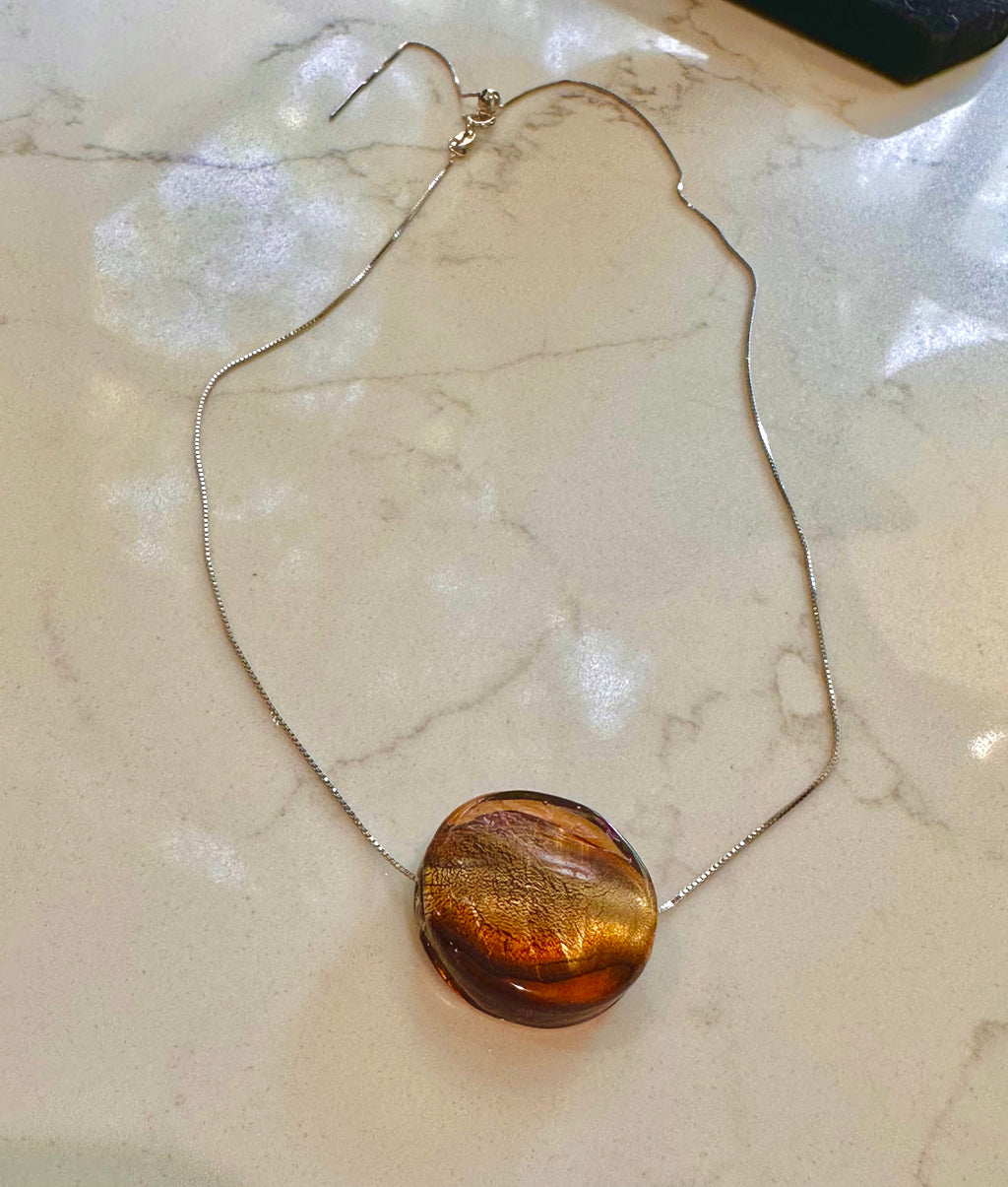 Handmade Iridescent Chocolate Brown Murano Glass on 925 Sterling Adjustable Chain