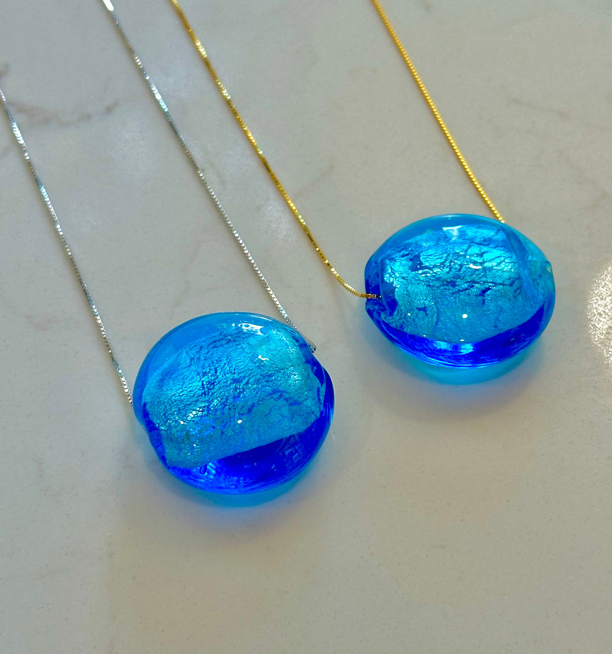 Extra Large Deep Aqua Blue Murano Glass Pendant on Brown or Black Rolled Leather