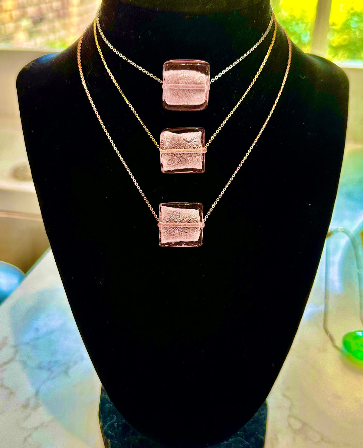 Square Pink Silver Foil Murano Glass on Sterling Chain