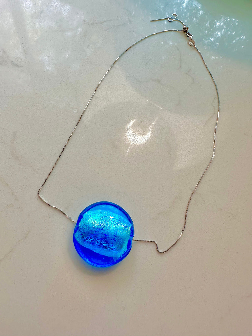 Extra Large Deep Aqua Blue Murano Glass Pendant on Brown or Black Rolled Leather