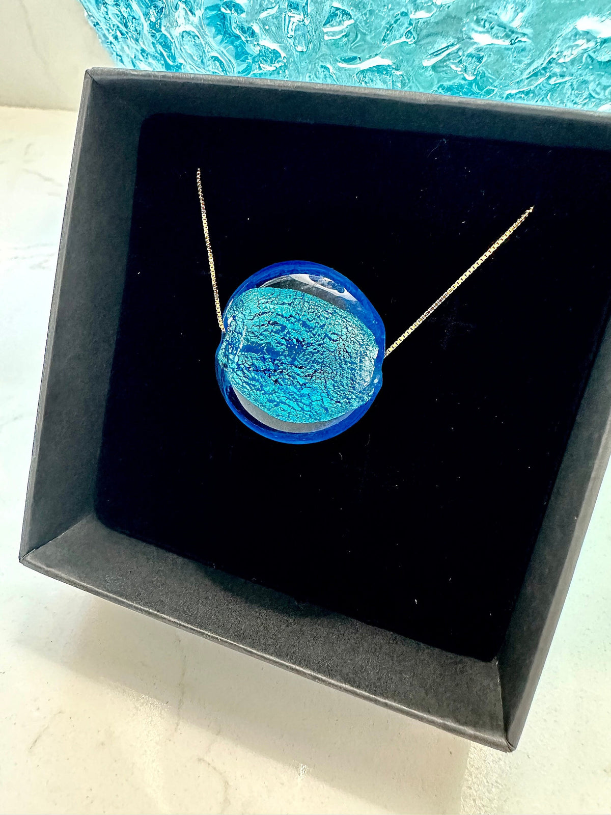 Extra Large Deep Aqua Blue Murano Glass Pendant on Brown or Black Rolled Leather