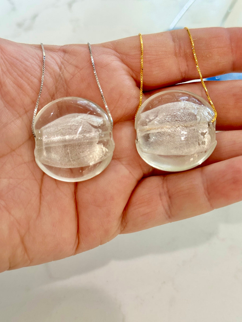 Large Clear Murano Glass Pendant: Sterling Silver or Leather Necklace