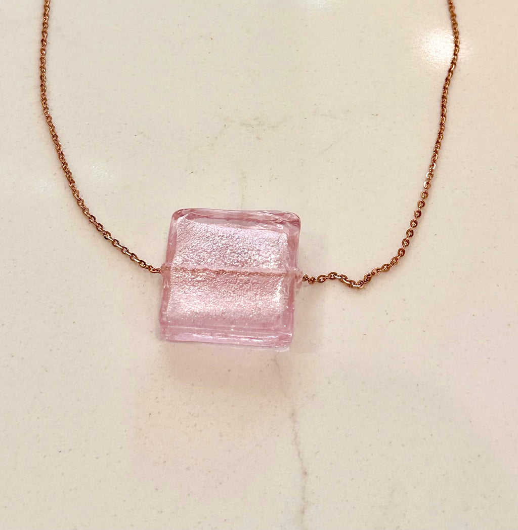 Square Pink Silver Foil Murano Glass on Sterling Chain