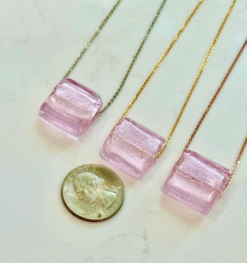 Square Pink Silver Foil Murano Glass on Sterling Chain