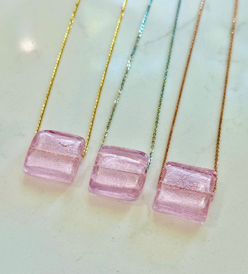 Square Pink Silver Foil Murano Glass on Sterling Chain