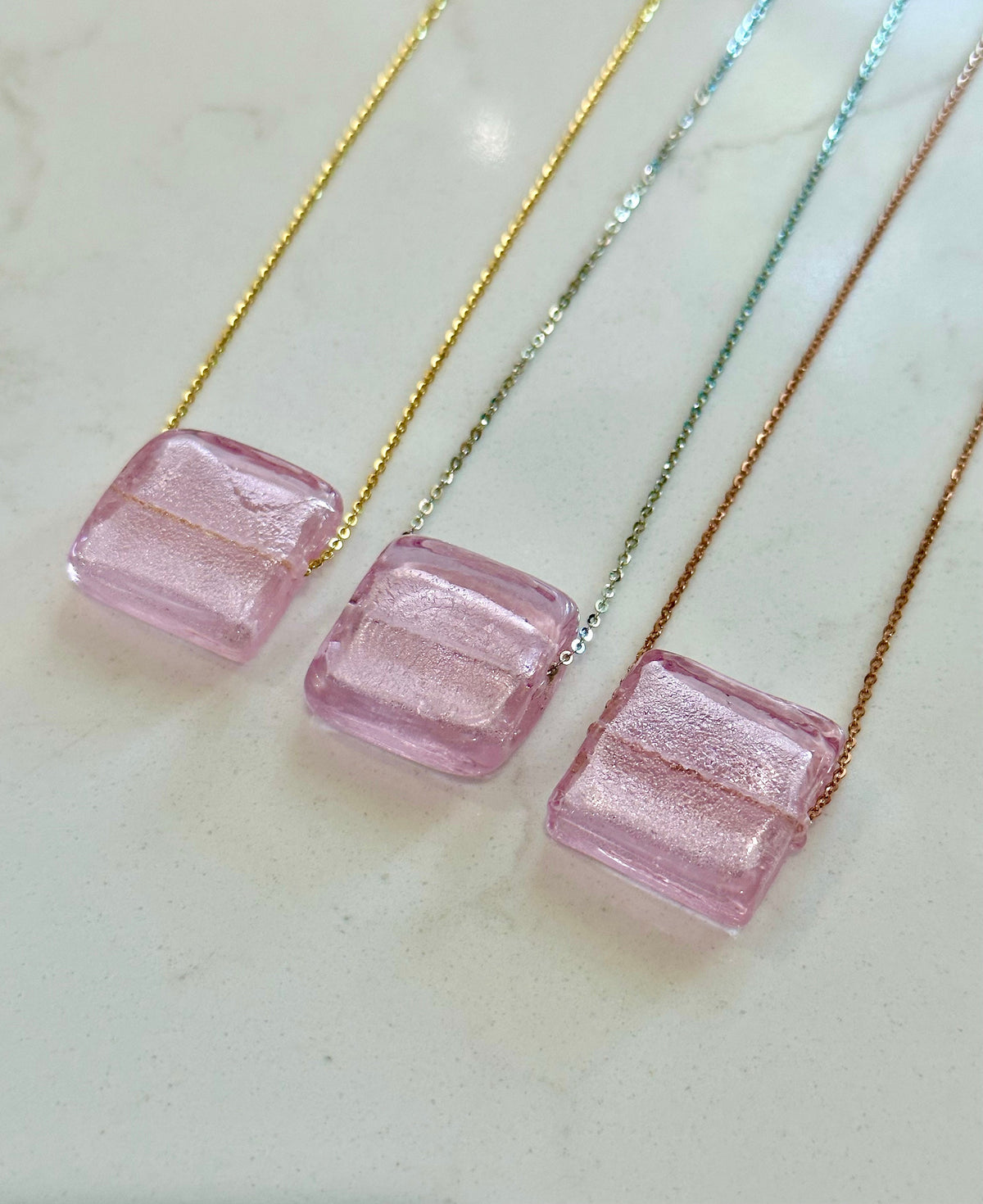 Square Pink Silver Foil Murano Glass on Sterling Chain