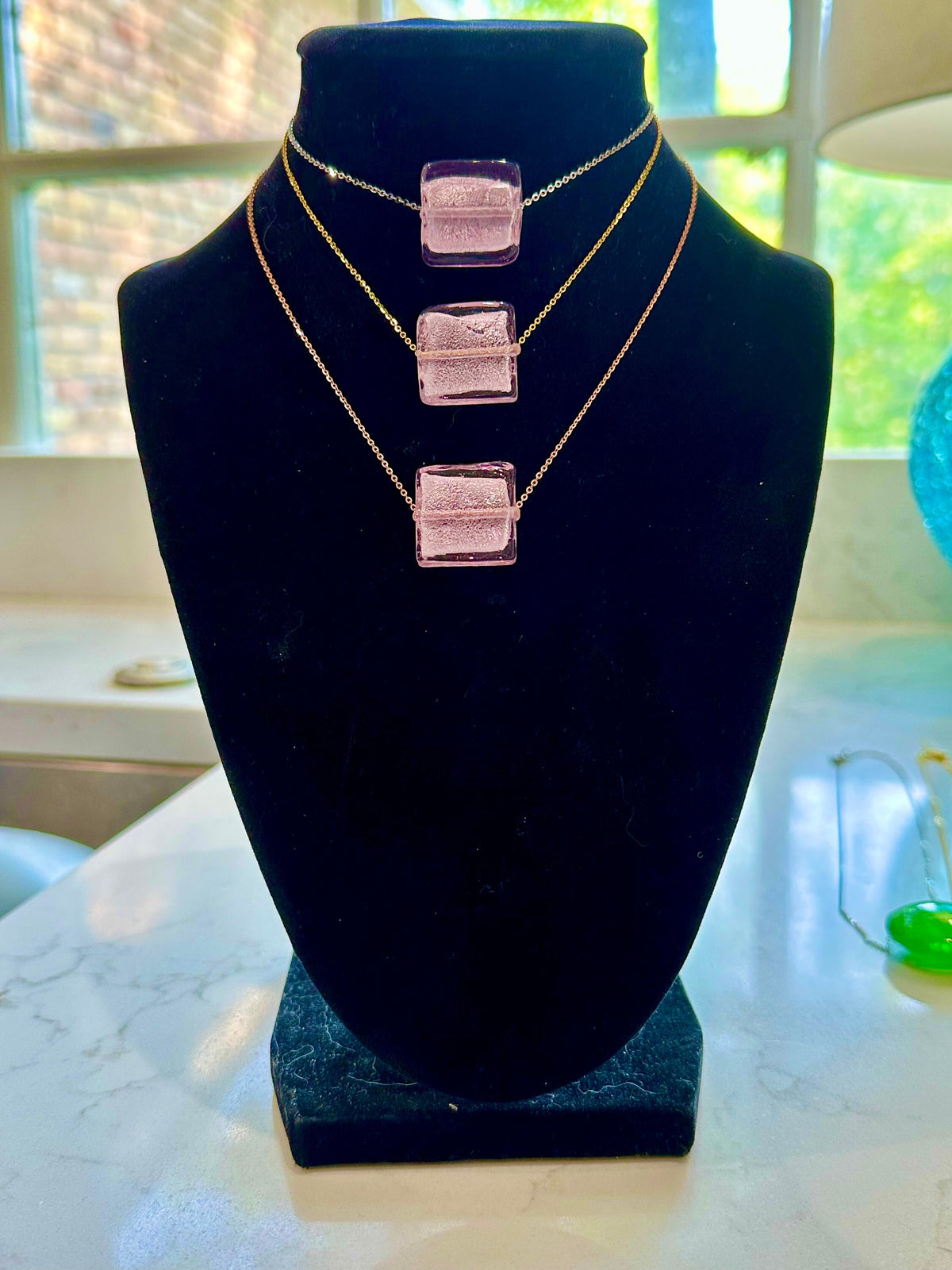 Square Pink Silver Foil Murano Glass on Sterling Chain