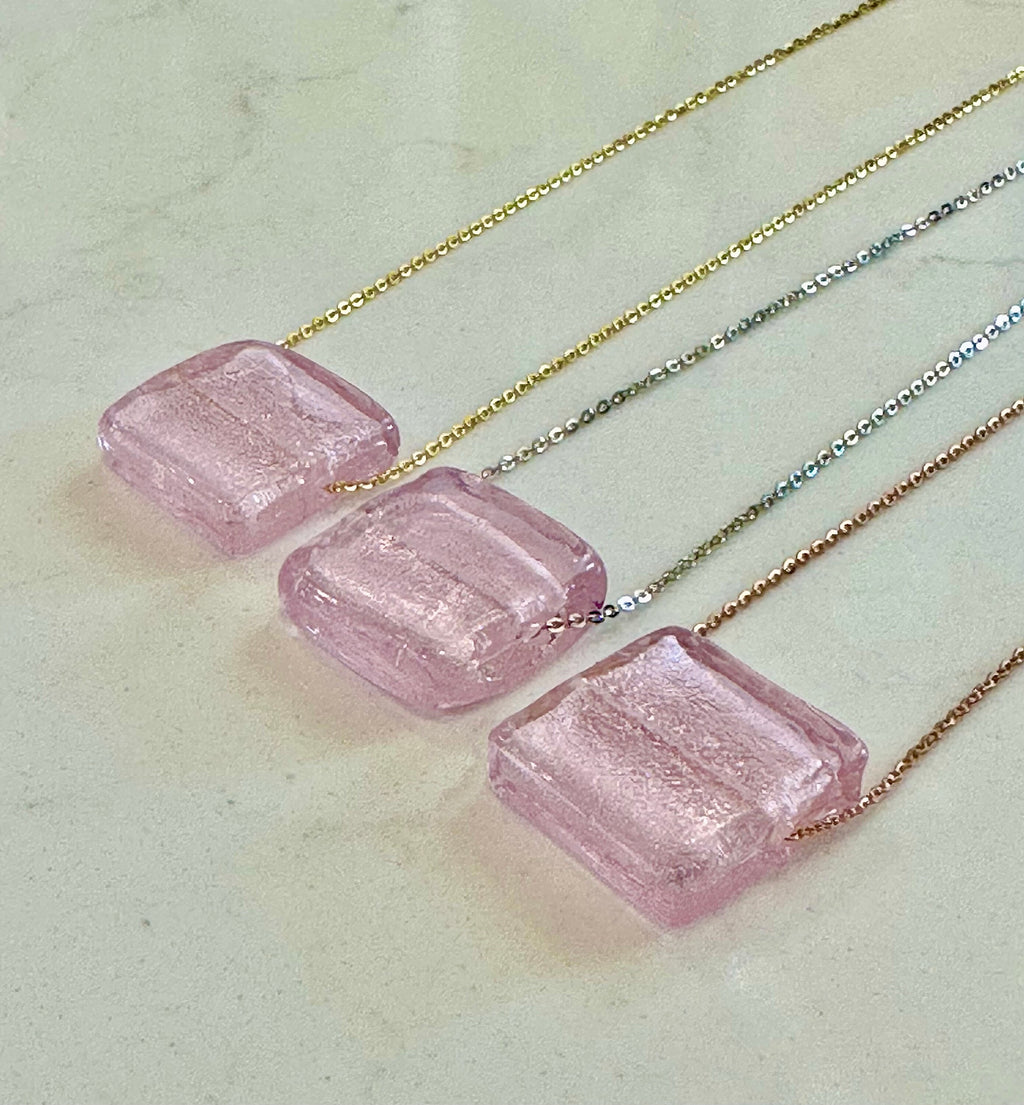 Square Pink Silver Foil Murano Glass on Sterling Chain