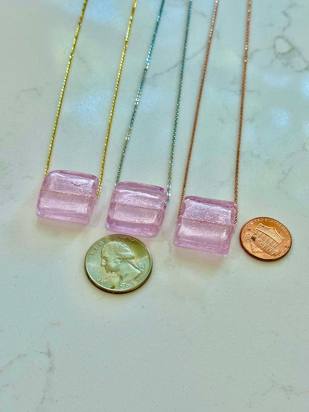 Square Pink Silver Foil Murano Glass on Sterling Chain