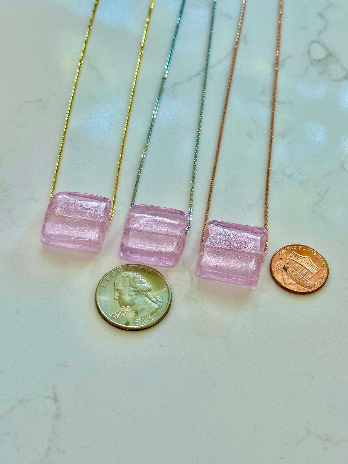 Square Pink Silver Foil Murano Glass on Sterling Chain