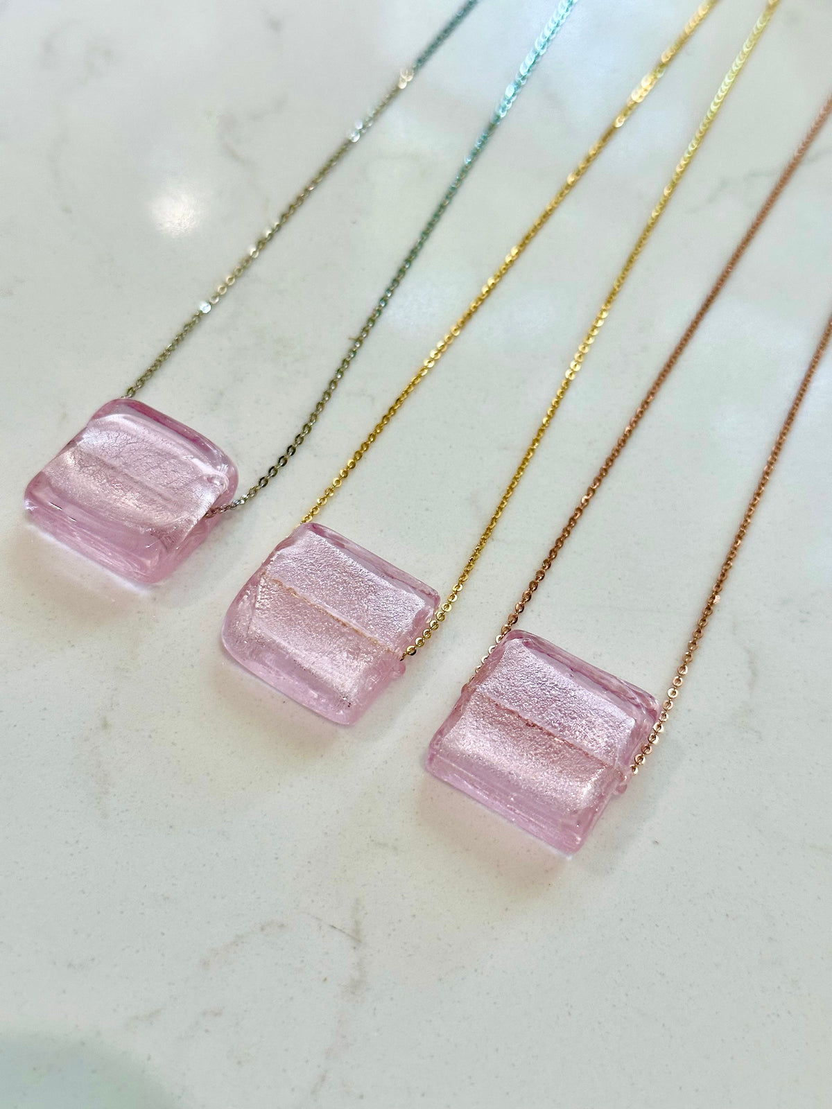 Square Pink Silver Foil Murano Glass on Sterling Chain