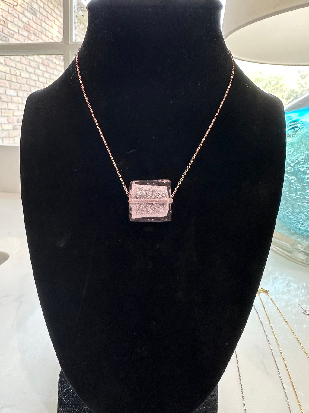 Square Pink Silver Foil Murano Glass on Sterling Chain