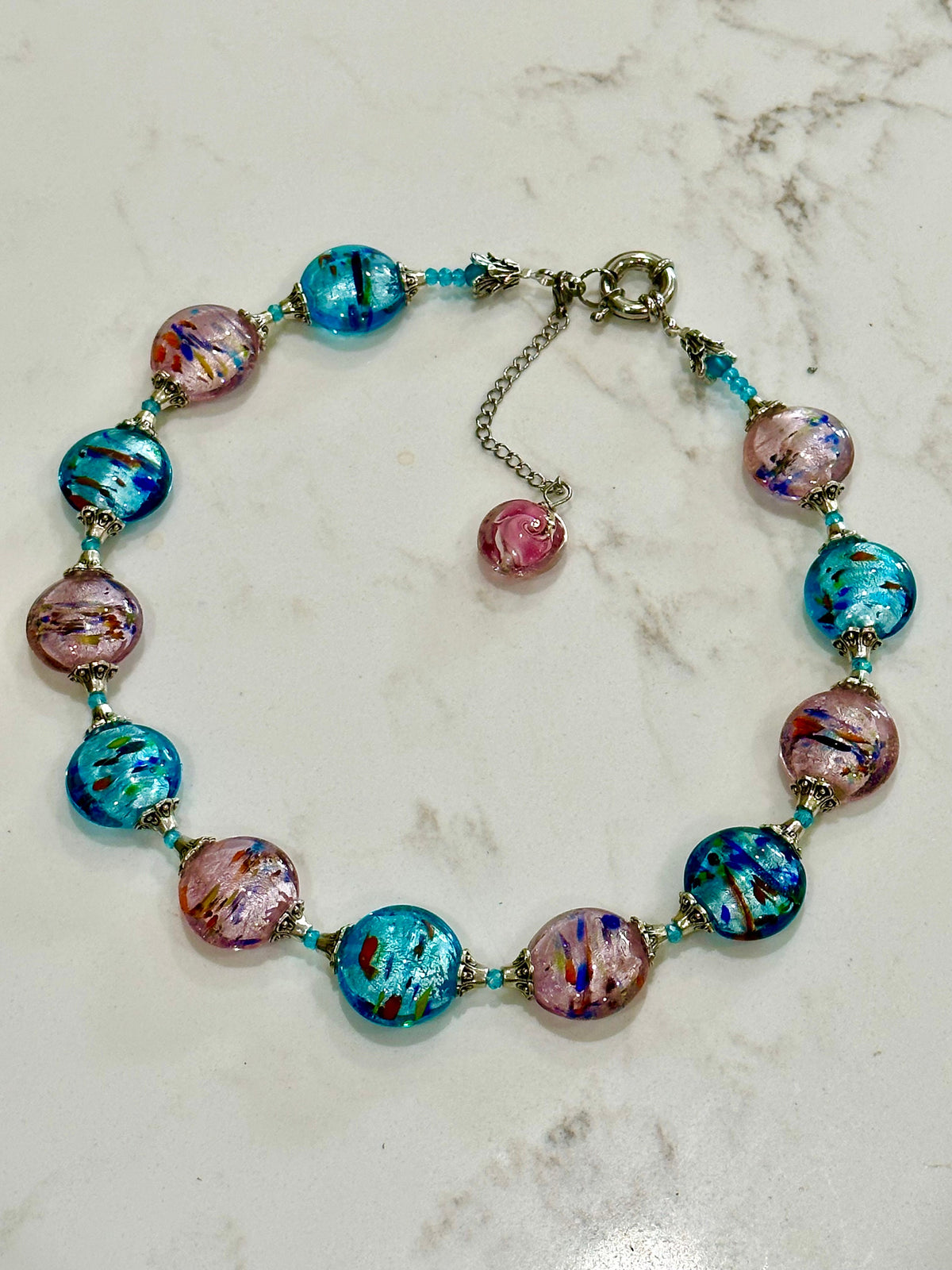 Rosario Leonardi Hand-blown Murano Glass Necklace in Pink and Blue