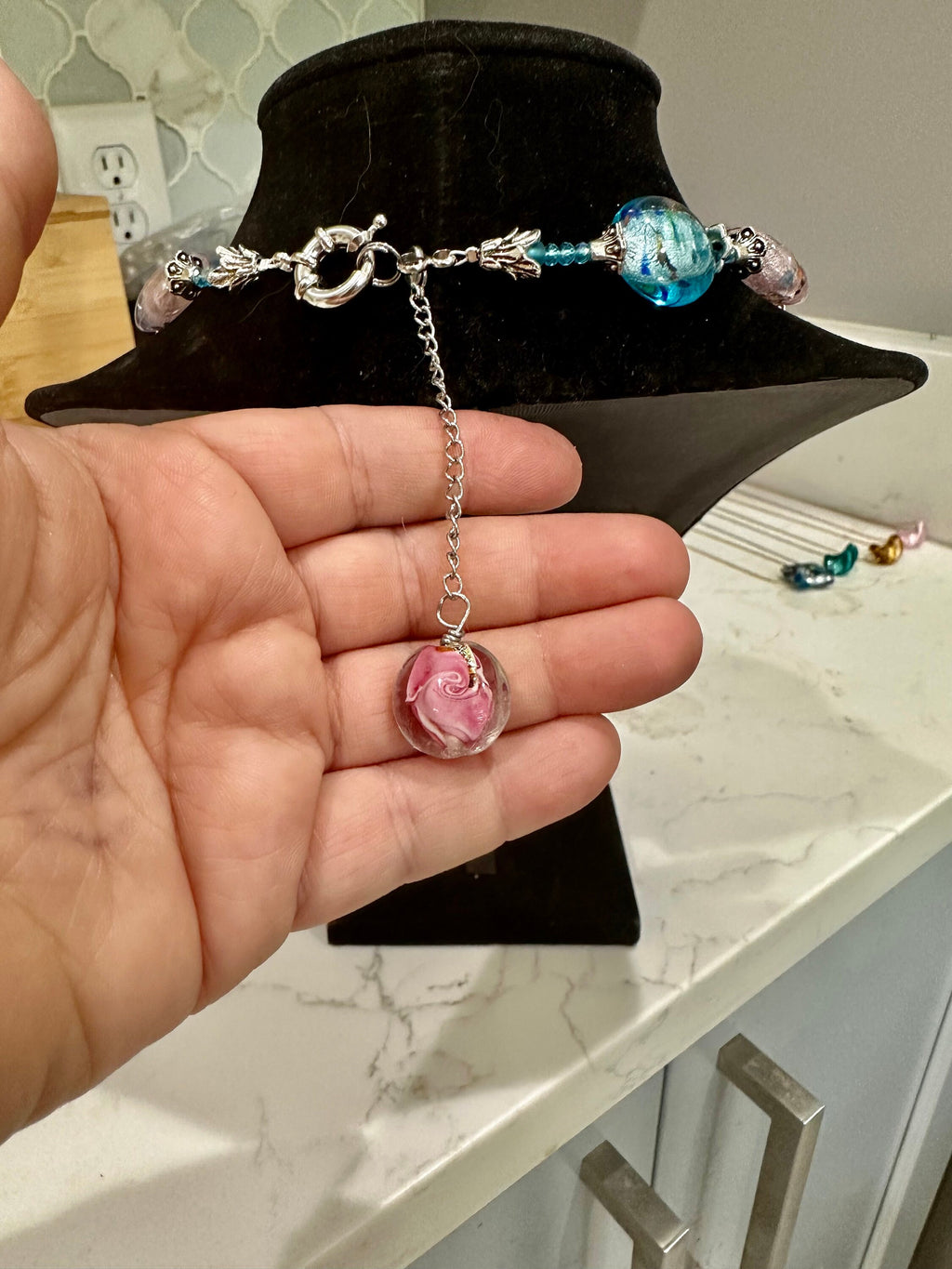 Rosario Leonardi Hand-blown Murano Glass Necklace in Pink and Blue