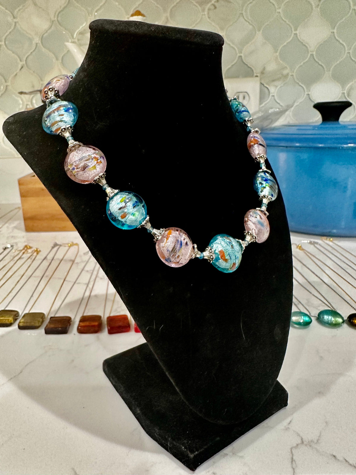 Rosario Leonardi Hand-blown Murano Glass Necklace in Pink and Blue