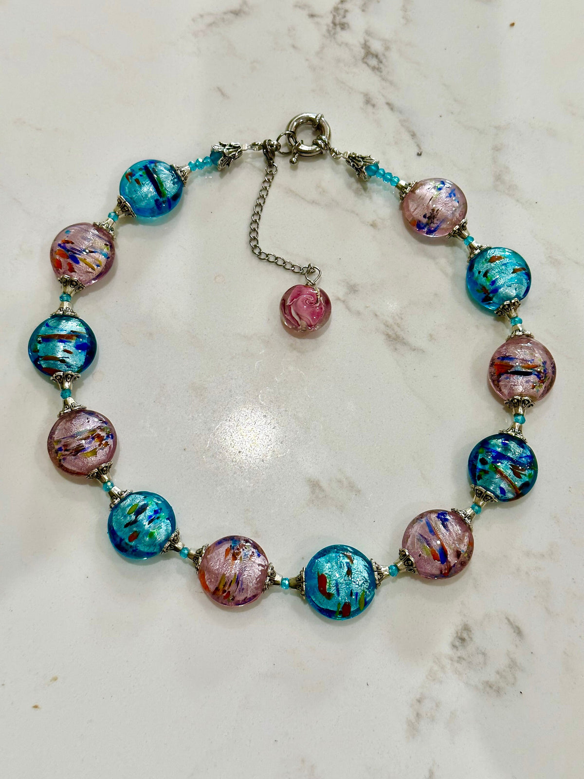 Rosario Leonardi Hand-blown Murano Glass Necklace in Pink and Blue