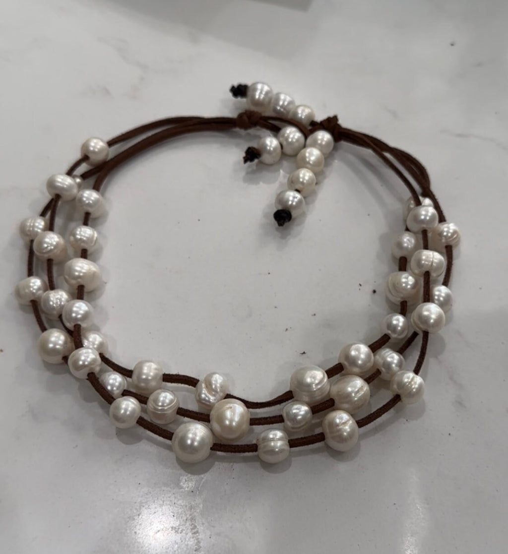 3 Strand freshwater White Pearls and suede necklace