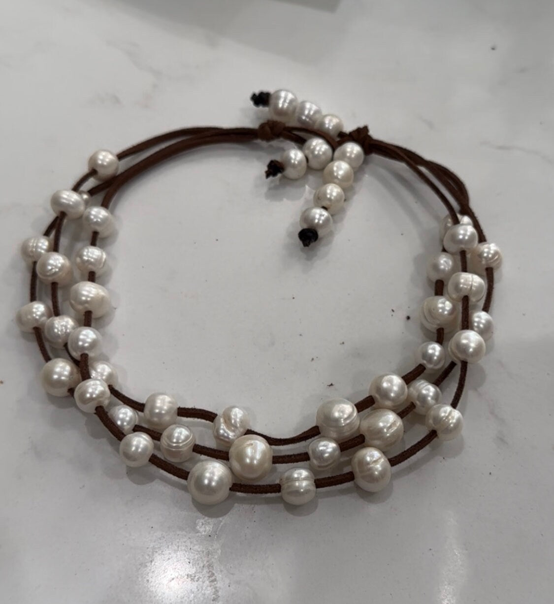 3 Strand freshwater White Pearls and suede necklace