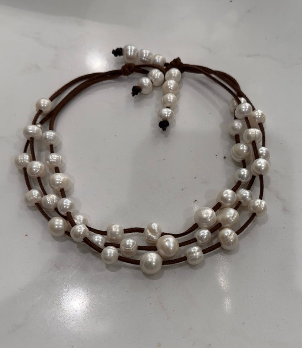 3 Strand freshwater White Pearls and suede necklace