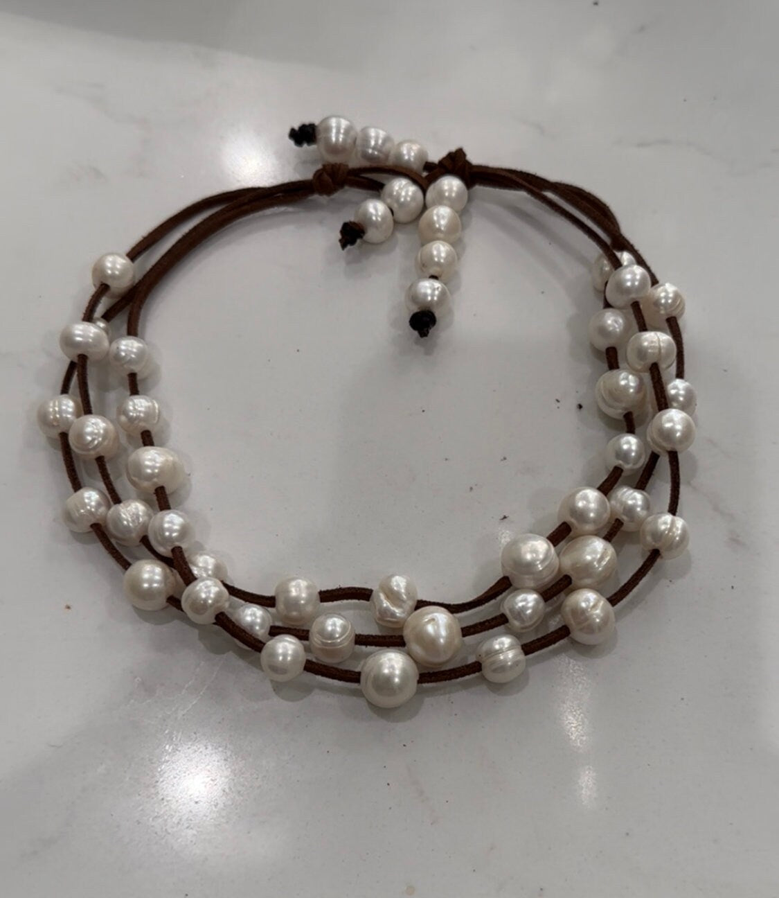 3 Strand freshwater White Pearls and suede necklace