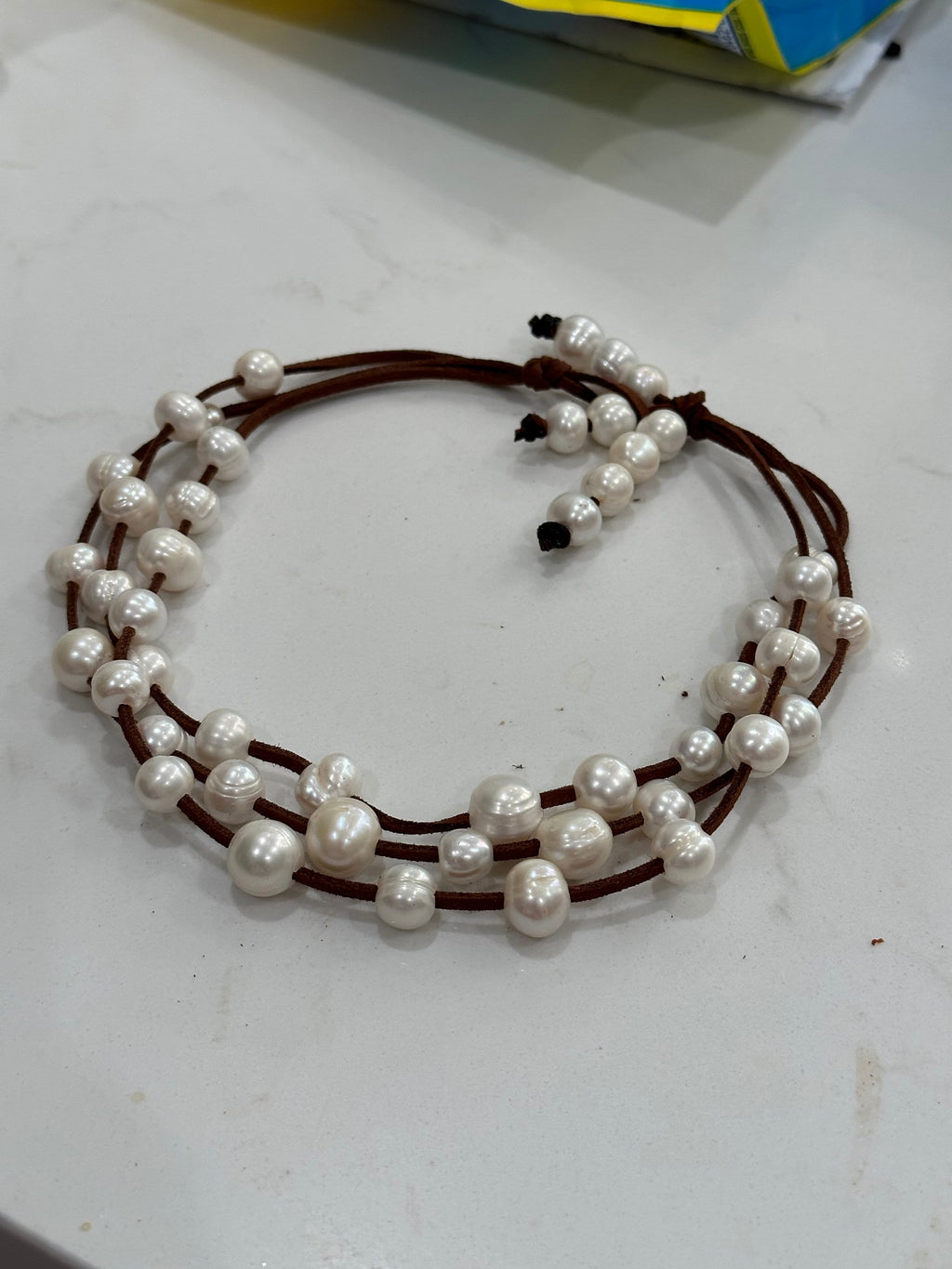 3 Strand freshwater White Pearls and suede necklace