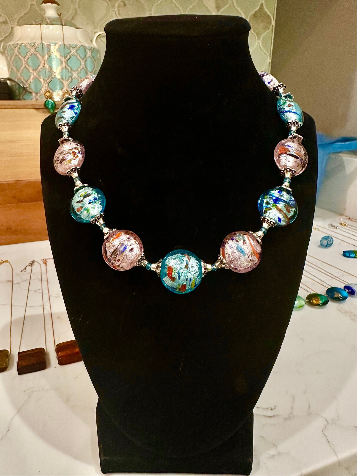 Rosario Leonardi Hand-blown Murano Glass Necklace in Pink and Blue