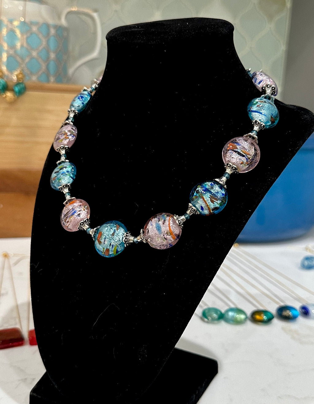Rosario Leonardi Hand-blown Murano Glass Necklace in Pink and Blue