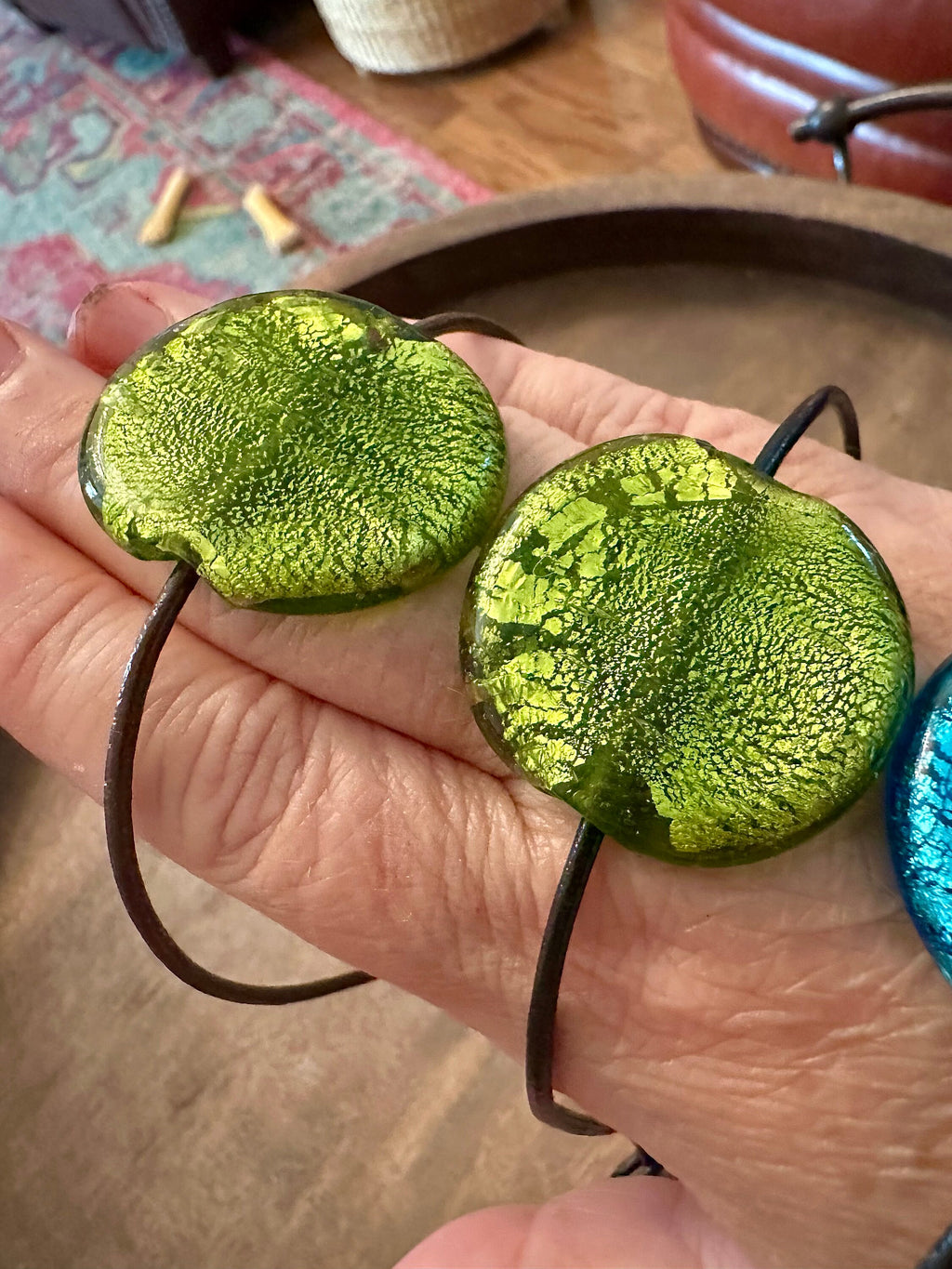 Extra Large Deep Green Murano Glass Pendent Strung on Brown or Black Rolled Leather
