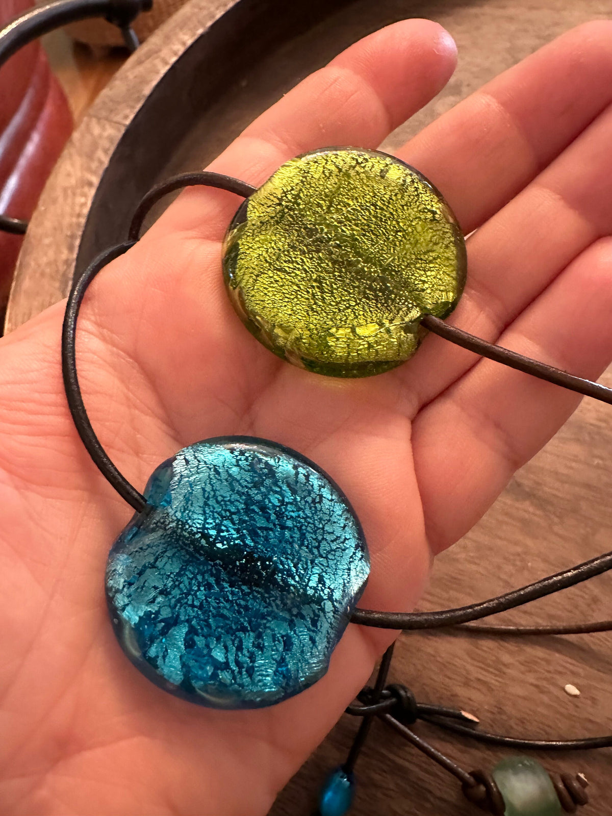 Extra Large Deep Green Murano Glass Pendent Strung on Brown or Black Rolled Leather