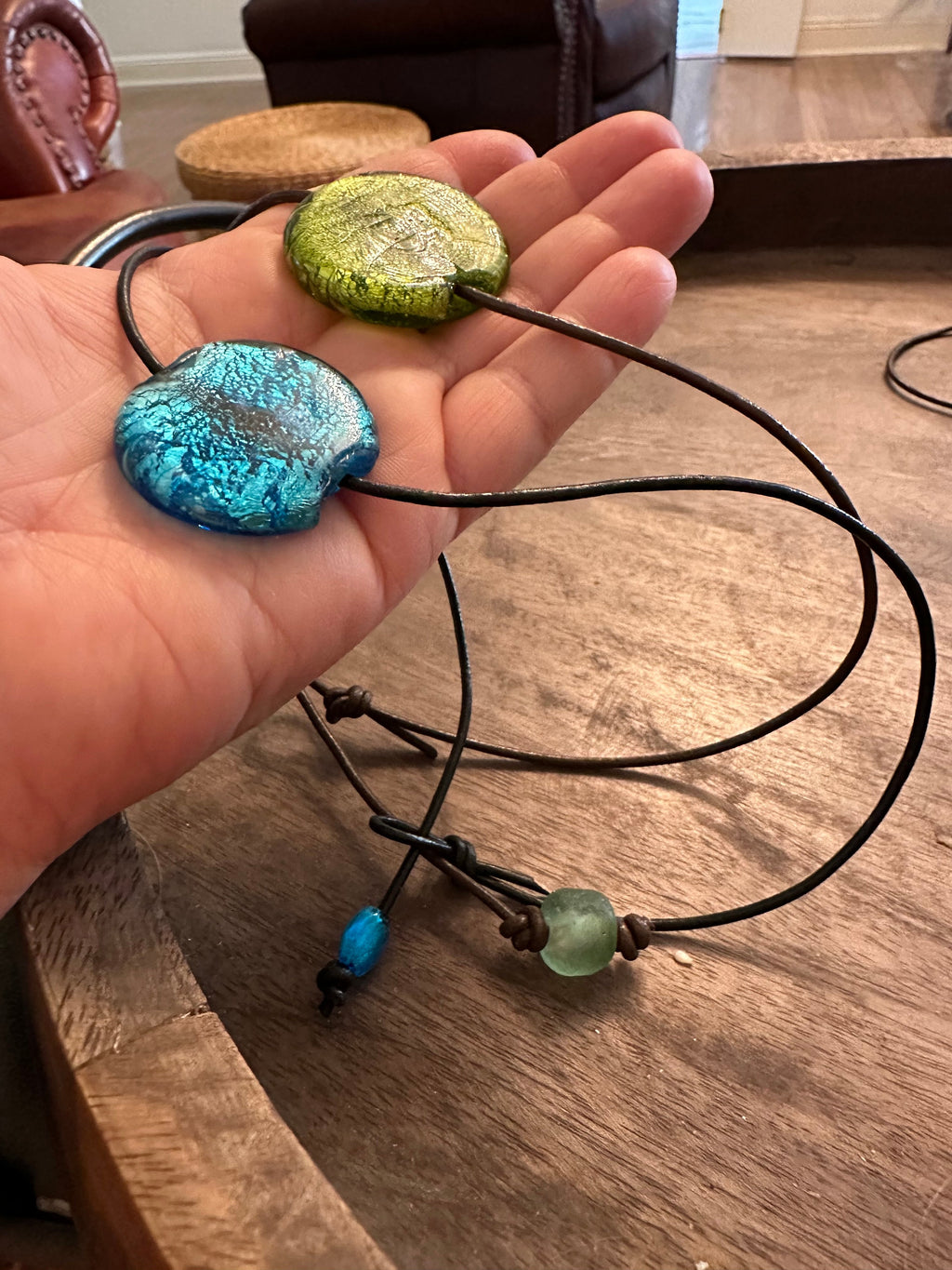 Extra Large Deep Green Murano Glass Pendent Strung on Brown or Black Rolled Leather