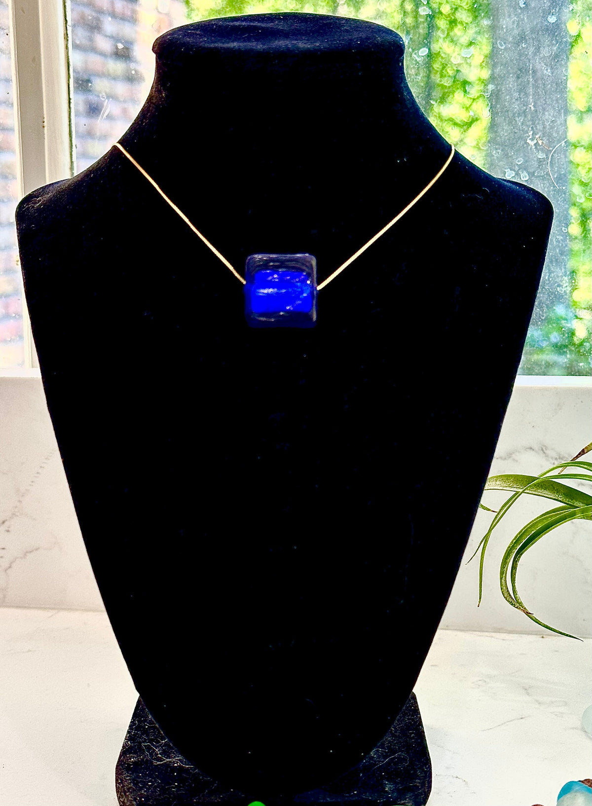 Deep Cobalt Blue Lampwork Murano Type Glass on Sterling Chain