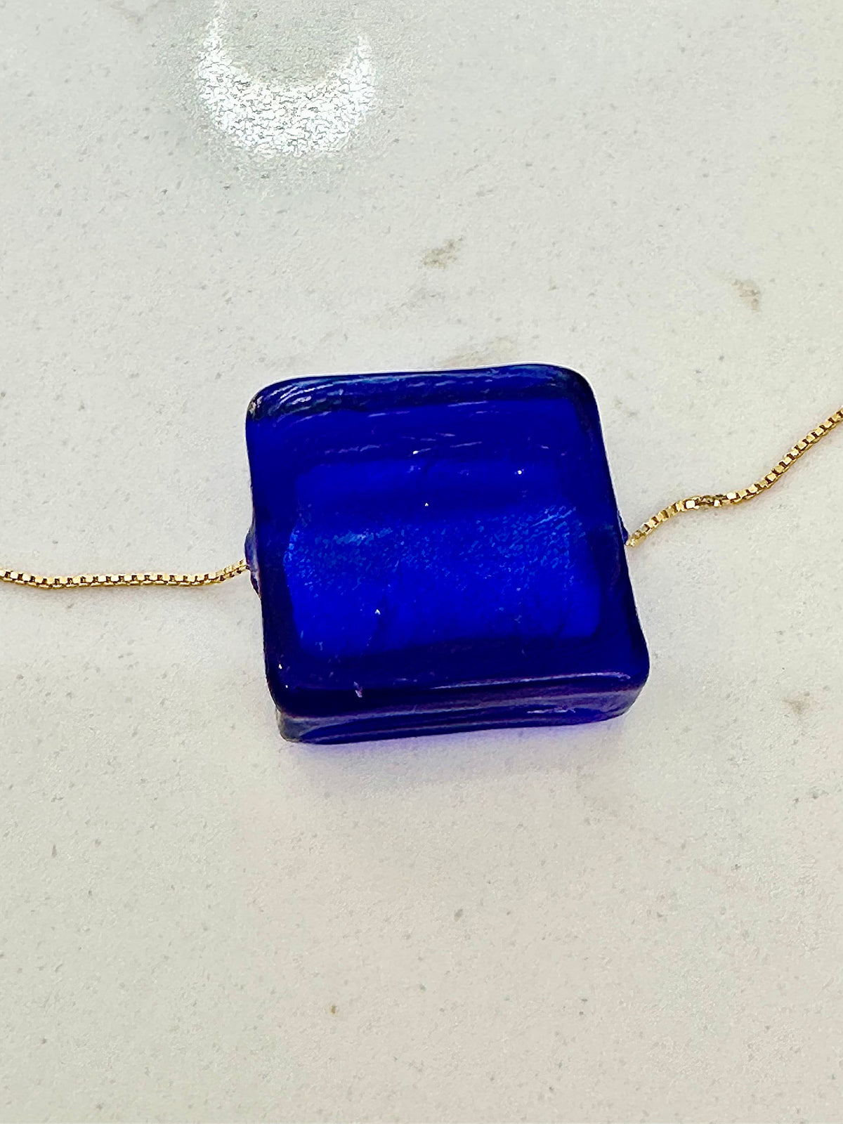 20mm Square Lampwork Glass in Deep Cobalt Blue on a Sterling Silver 925 Yellow Gold chain.